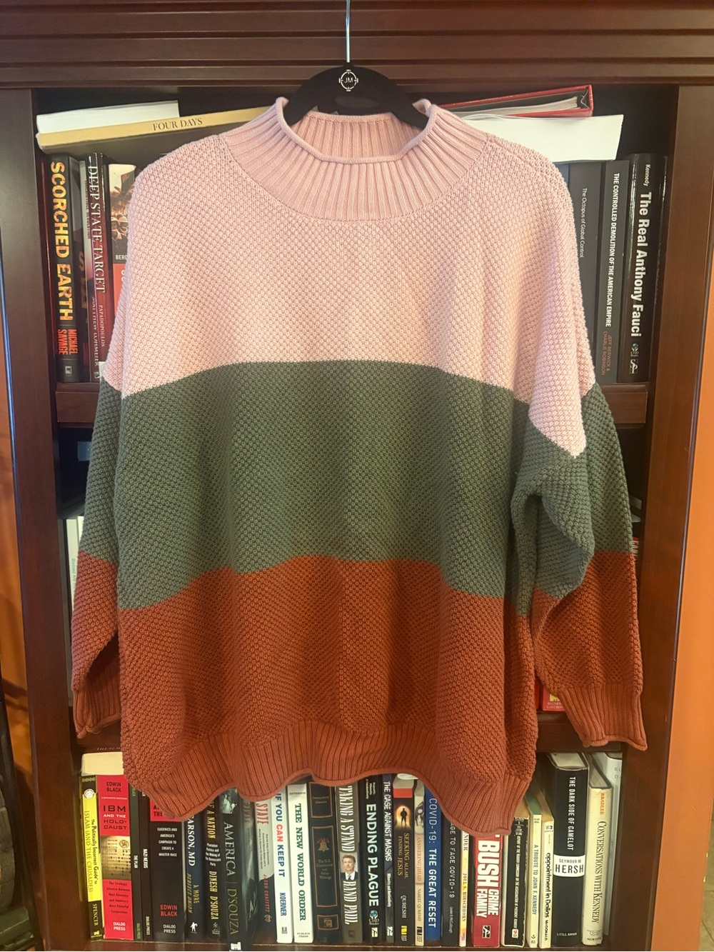 Belle by Kim Gravel Colorblock Cowl Sweater in Pink, Green & Rust